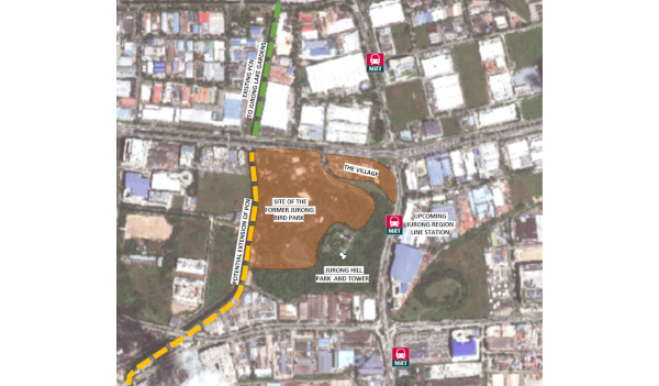 Aerial map of the Jurong area, Singapore, highlighting the former Jurong Bird Park site and upcoming developments like MRT stations.